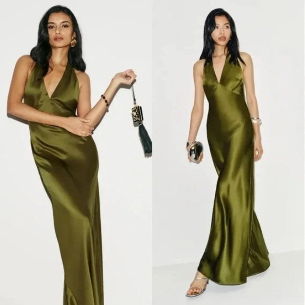 Reformation Daniela Silk Halter Maxi Dress in Pear Satin Evening Gown 6 - Picture 1 of 16